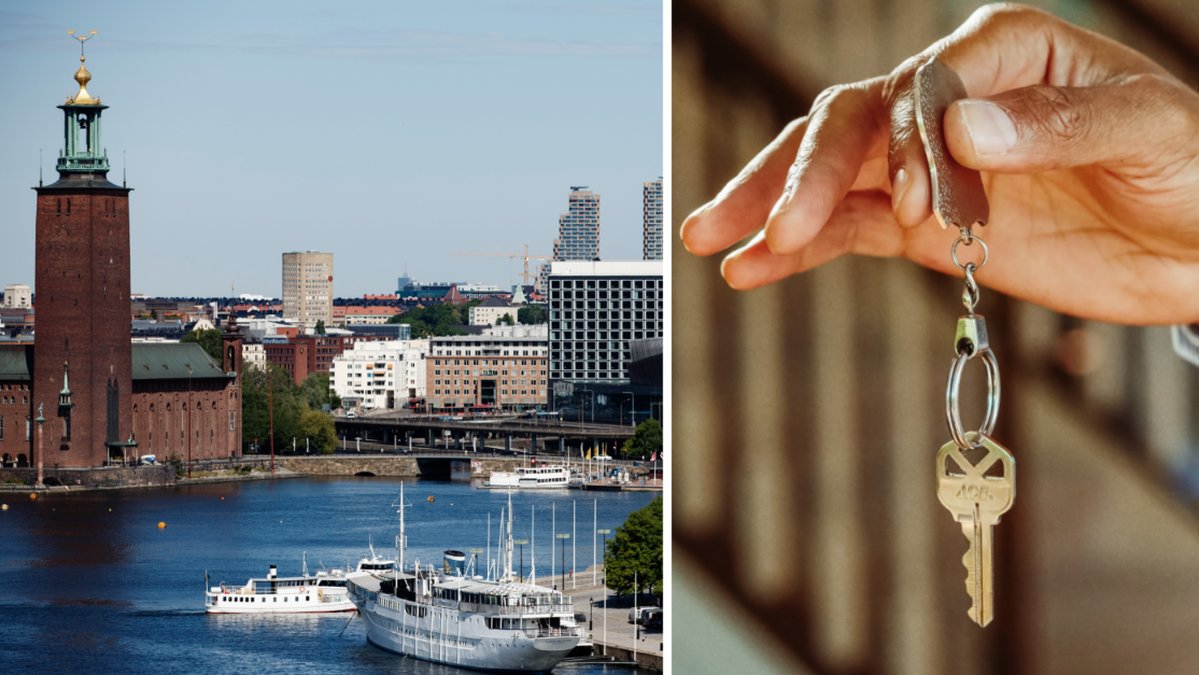 Stockholm och en hand som håller en husnyckel.